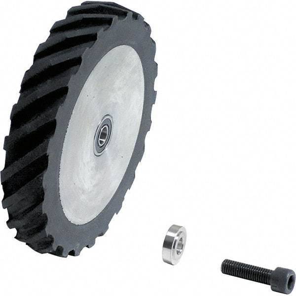 Dynabrade - 4" Diam x 5/8" Wide Contact Wheel Assembly - 1/4" Arbor Hole, Scoop, 40 Duro Rubber Face - Caliber Tooling