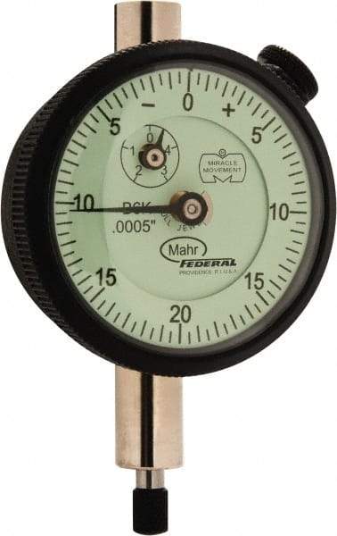 Mahr - 0.1" Range, 0-20-0 Dial Reading, 0.0005" Graduation Dial Drop Indicator - 1-3/4" Dial, 0.04" Range per Revolution, 0.0005" Accuracy, Revolution Counter - Caliber Tooling