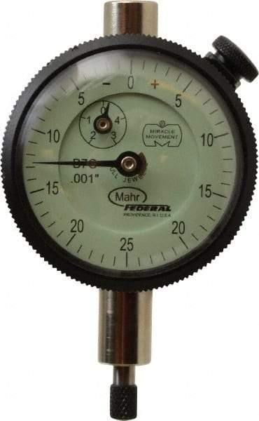 Mahr - 1/8" Range, 0-25-0 Dial Reading, 0.001" Graduation Dial Drop Indicator - 1-3/4" Dial, 0.05" Range per Revolution, 0.001" Accuracy, Revolution Counter - Caliber Tooling