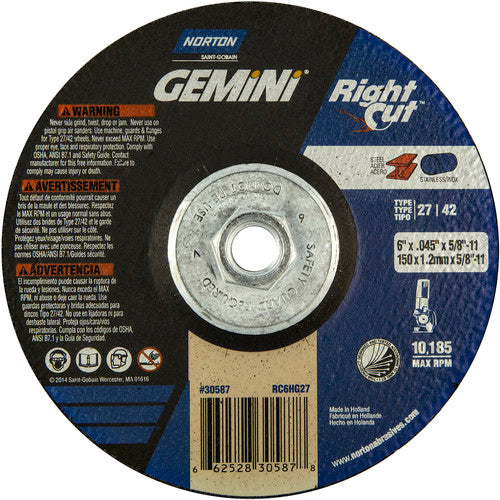 ‎6 x .045 × 5/8 - 11″ Gemini RightCut Cutting Wheel A 24 Q Type 27/42 - Caliber Tooling