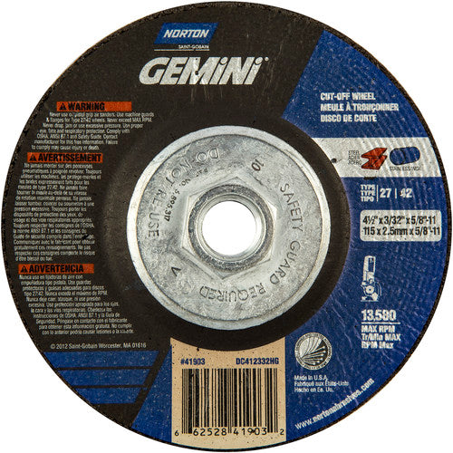 ‎4-1/2 × 3/32 × 5/8 - 11″ Gemini Cutting Wheel A 30 Q BDA Type 27/42 - Caliber Tooling