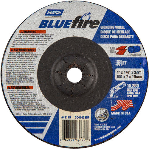 4″ × 1/4″ × 3/8″ BlueFire Non-Woven Depressed Center Wheel Type 27 Zirconia Alumina / Aluminum Oxide - Caliber Tooling