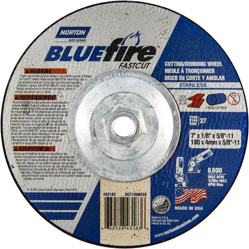 7″ × 1/8″ × 5/8″ BlueFire Non-Woven Depressed Center Wheel Type 27 Zirconia Alumina / Aluminum Oxide - Caliber Tooling