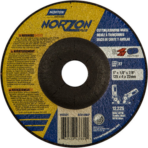 5″ × 1/8″ × 7/8″ NorZon Plus Non-Woven Depressed Center Wheel Type 27 Ceramic Alumina / Zirconia Alumina - Caliber Tooling