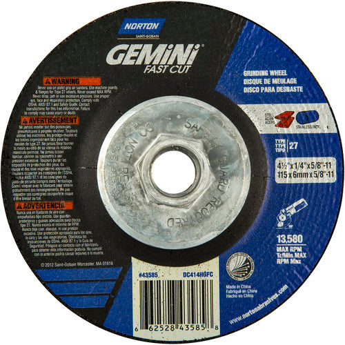 ‎4-1/2 × 1/4 × 5/8 - 11″ Gemini Fast Cut Grinding Wheel A 24 N BDA Type 27 - Caliber Tooling