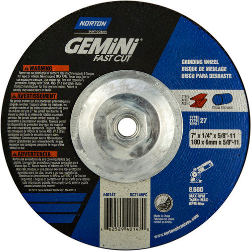 ‎7 × 1/4 × 5/8 - 11″ Gemini Fast Cut Grinding Wheel A 24 N Type 27 - Caliber Tooling