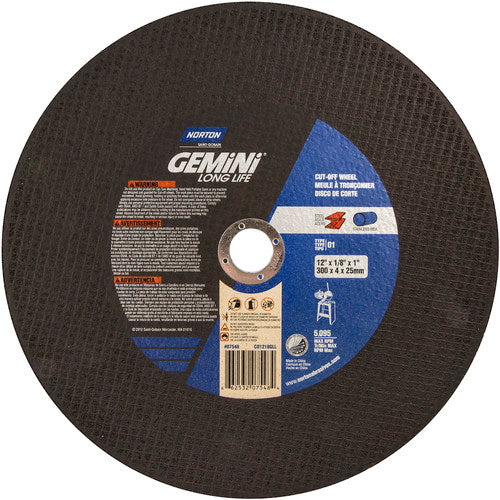 12″ × 1/8″ × 1″ Gemini Stationary Saw Type 01 Straight Cut-Off Wheel Aluminum Oxide - Caliber Tooling