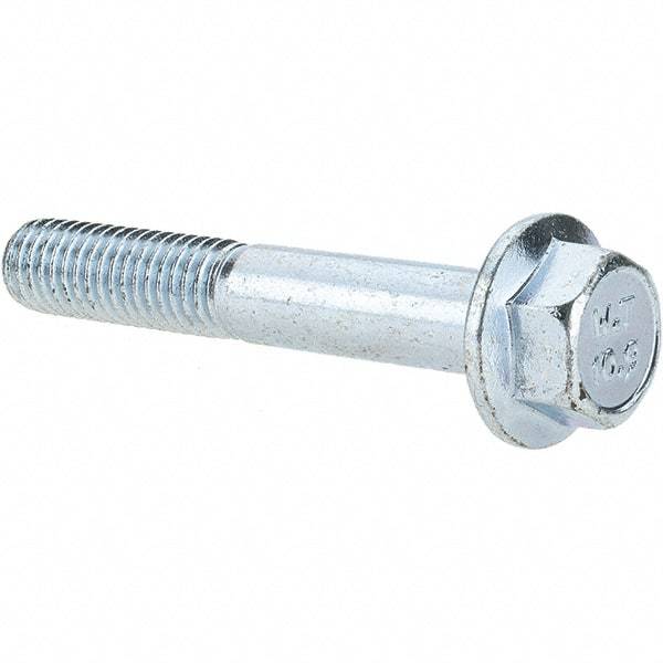 Made in USA - M8x1.25 Metric Coarse, 50mm Length Under Head, Hex Drive Flange Bolt - 30mm Thread Length, Grade 10.9 Alloy Steel, Smooth Flange, Zinc-Plated Finish - Caliber Tooling