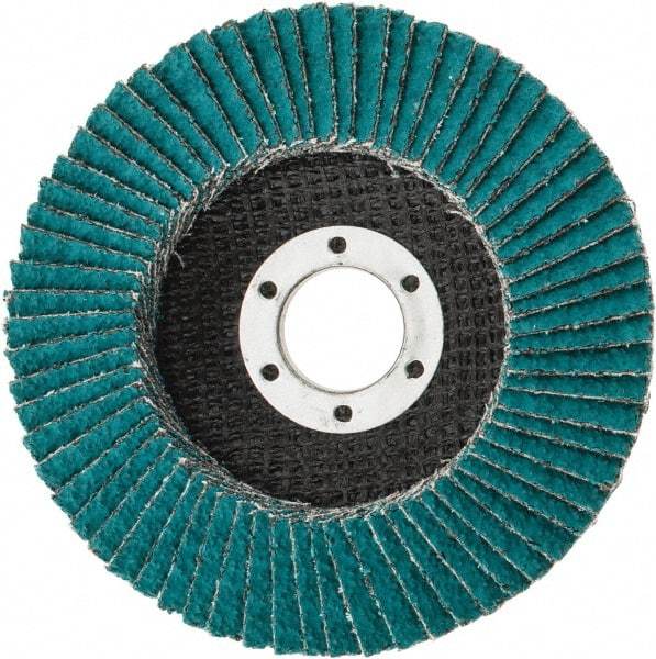 3M - 36 Grit, 4-1/2" Disc Diam, 7/8" Center Hole, Type 29 Zirconia Alumina Flap Disc - 13,300 Max RPM, Cloth Backing, Arbor Attaching System, Coated - Caliber Tooling