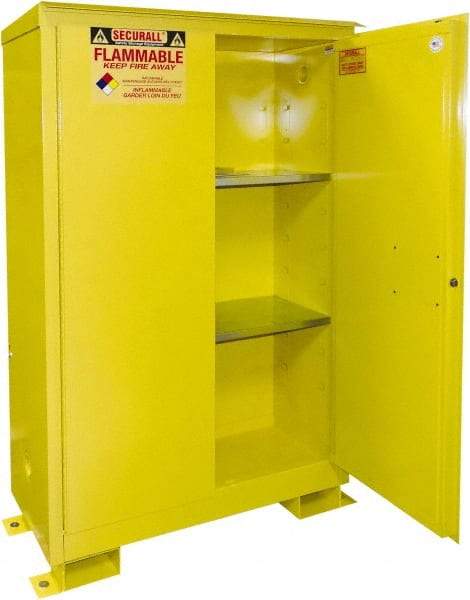 Securall Cabinets - 2 Door, 2 Shelf, Yellow Steel Standard Safety Cabinet for Flammable and Combustible Liquids - 69" High x 43" Wide x 18" Deep, Manual Closing Door, 3 Point Key Lock, 45 Gal Capacity - Caliber Tooling