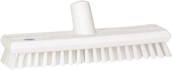 Vikan - 1" Bristle Length, Polyester Scrub Brush - 10-5/8" Long x 2-1/2" Wide Head, 11" OAL, European Threaded Handle, White, Polypropylene Block - Caliber Tooling