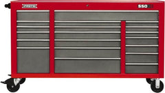 Proto - 20 Drawer Mobile Workstation - 67" Wide x 25-1/4" Deep x 41" High, Steel, Safety Red & Gray - Caliber Tooling