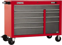 Proto - 10 Drawer Mobile Workstation - 50" Wide x 25-1/4" Deep x 41" High, Steel, Safety Red & Gray - Caliber Tooling