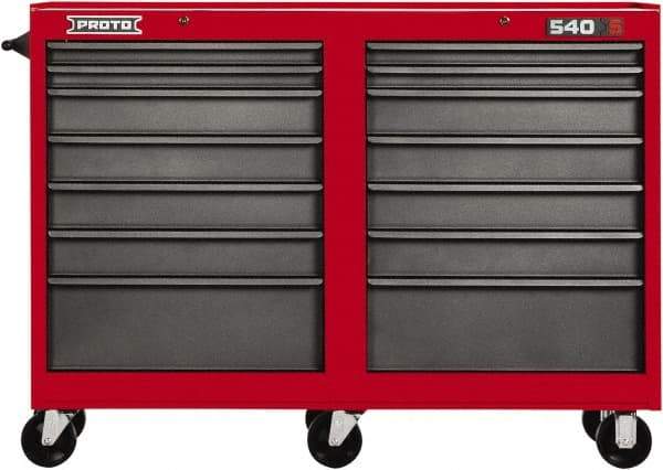 Proto - 14 Drawer Mobile Workstation - 54" Wide x 18" Deep x 42" High, Steel, Safety Red & Gray - Caliber Tooling