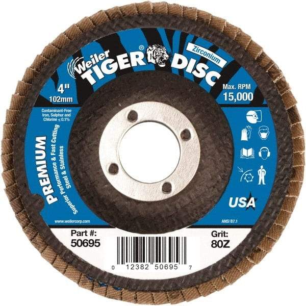 Weiler - 80 Grit, 4" Disc Diam, 5/8" Center Hole, Type 27 Zirconia Alumina Flap Disc - 15,000 Max RPM, Phenolic Backing, Arbor Attaching System, Coated - Caliber Tooling