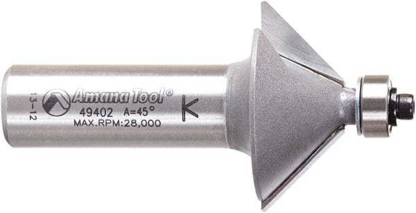 Amana Tool - 1-1/4" Cut Diam, 1/2" Length of Cut, 2 Flute Chamfer Edge Profile Router Bit - Carbide-Tipped, 1/2" Shank Diam, 2-3/8" OAL, Uncoated - Caliber Tooling