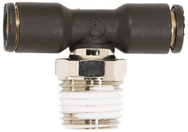 Coilhose Pneumatics - 3/8" OD, 1/4 NPT, Glass Reinforced Nylon/Nickel Plated Brass Push-to-Connect Male Swivel Branch Tee - 225 Max psi - Caliber Tooling