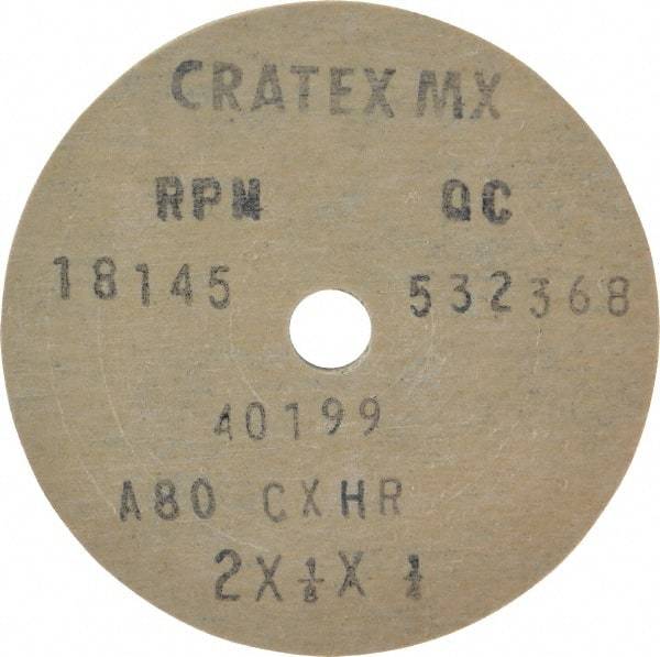 Cratex - 2" Diam x 1/4" Hole x 1/8" Thick, 80 Grit Surface Grinding Wheel - Aluminum Oxide, Type 1, Medium Grade, 18,145 Max RPM, No Recess - Caliber Tooling