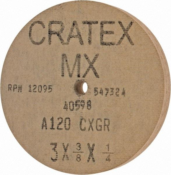 Cratex - 3" Diam x 1/4" Hole x 3/8" Thick, 120 Grit Surface Grinding Wheel - Aluminum Oxide, Type 1, Fine Grade, 12,095 Max RPM, No Recess - Caliber Tooling