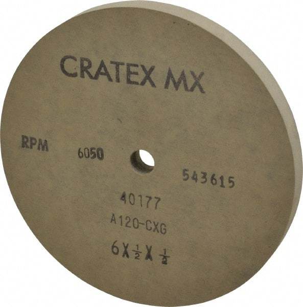 Cratex - 6" Diam x 1/2" Hole x 1/2" Thick, 120 Grit Surface Grinding Wheel - Aluminum Oxide, Type 1, Fine Grade, 6,050 Max RPM, No Recess - Caliber Tooling