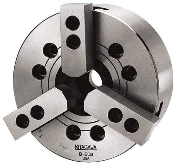 Kitagawa - 2 Jaws, 10" Chuck Diam, Plain Back Mount, 2.9528" Through Hole, Drawbar, Hydraulic Power Lathe Chuck - 24,449 Lb Force per Jaw, 1.5mm x 60 Serrated Jaw Interface, 31mm to 254mm Jaw Capacity, 4,200 RPM, High Speed Steel Body - Caliber Tooling