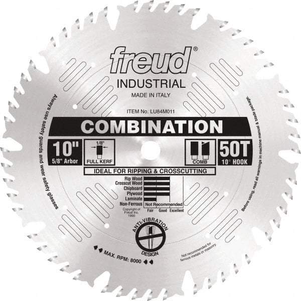 Freud - 10" Diam, 5/8" Arbor Hole Diam, 50 Tooth Wet & Dry Cut Saw Blade - Carbide-Tipped, Standard Round Arbor - Caliber Tooling