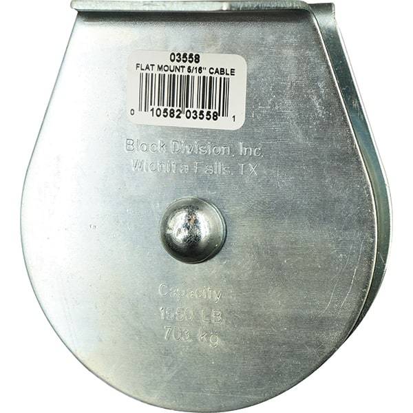 Block Division - 1, 550 Lbs. Load Limit, Flat Standard Block - Upright Mount, Single Sheave, 3-1/2 Inch Outside Diameter, Wire Rope, 5/16 Inch Diameter, Eye, 1-3/16 Inch Inside Diameter, Carbon Steel, Zinc Plated Finish - Caliber Tooling