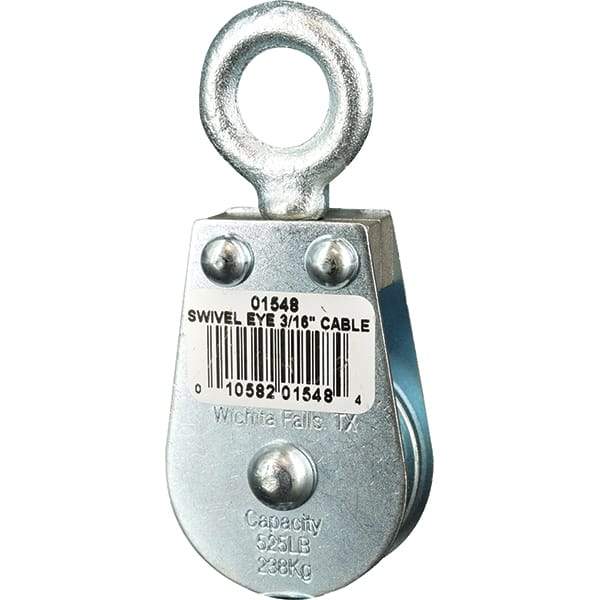 Block Division - 525 Lbs. Load Limit, Swivel Eye Standard Block - Single Sheave, 1-1/2 Inch Outside Diameter, Wire Rope, 3/16 Inch Diameter, Eye, 5/8 Inch Inside Diameter, Carbon Steel, Zinc Plated Finish - Caliber Tooling