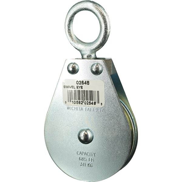 Block Division - 685 Lbs. Load Limit, Swivel Eye Standard Block - Single Sheave, 2-1/2 Inch Outside Diameter, Wire Rope, 1/4 Inch Diameter, Eye, 7/8 Inch Inside Diameter, Carbon Steel, Zinc Plated Finish - Caliber Tooling