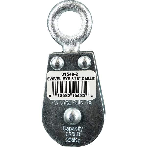 Block Division - 525 Lbs. Load Limit, Swivel Eye Standard Block - Double Sheave, 1-1/2 Inch Outside Diameter, Wire Rope, 3/16 Inch Diameter, Eye, 5/8 Inch Inside Diameter, Carbon Steel, Zinc Plated Finish - Caliber Tooling