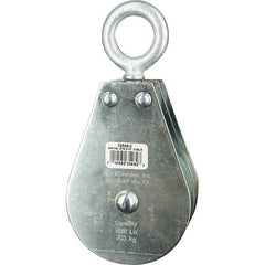 Block Division - 1, 550 Lbs. Load Limit, Swivel Eye Standard Block - Double Sheave, 3-1/2 Inch Outside Diameter, Wire Rope, 5/16 Inch Diameter, Eye, 1-3/16 Inch Inside Diameter, Carbon Steel, Zinc Plated Finish - Caliber Tooling