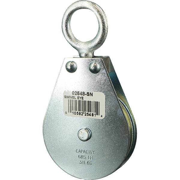 Block Division - 685 Lbs. Load Limit, Swivel Eye Snatch Block - Single Sheave, 2-1/2 Inch Outside Diameter, Wire Rope, 1/4 Inch Diameter, Eye, 7/8 Inch Inside Diameter, Carbon Steel, Zinc Plated Finish - Caliber Tooling