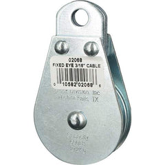 Block Division - 600 Lbs. Load Limit, Rigid Eye Block - Single Sheave, 2 Inch Outside Diameter, Wire Rope, 3/16 Inch Diameter, Eye, 3/8 Inch Inside Diameter, Carbon Steel, Zinc Plated Finish - Caliber Tooling