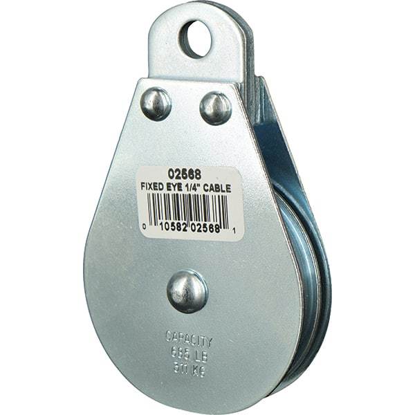 Block Division - 685 Lbs. Load Limit, Rigid Eye Block - Single Sheave, 2-1/2 Inch Outside Diameter, Wire Rope, 1/4 Inch Diameter, Eye, 3/8 Inch Inside Diameter, Carbon Steel, Zinc Plated Finish - Caliber Tooling