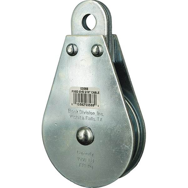 Block Division - 1, 550 Lbs. Load Limit, Rigid Eye Block - Single Sheave, 3-1/2 Inch Outside Diameter, Wire Rope, 5/16 Inch Diameter, Eye, 9/16 Inch Inside Diameter, Carbon Steel, Zinc Plated Finish - Caliber Tooling