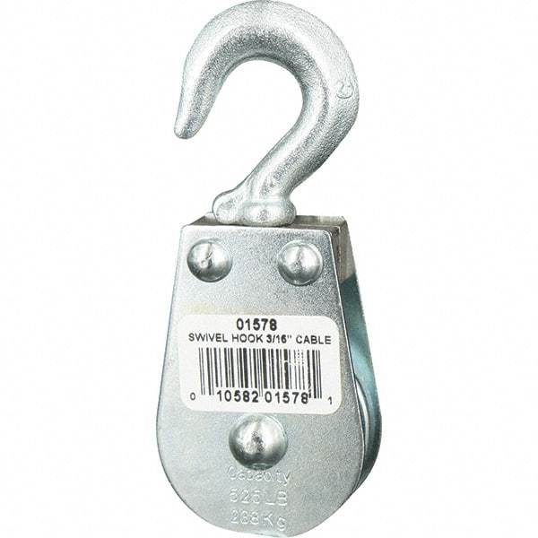 Block Division - 525 Lbs. Load Limit, Swivel Hook Block - Single Sheave, 1-1/2 Inch Outside Diameter, Wire Rope, 3/16 Inch Diameter, Eye, 3/8 Inch Inside Diameter, Carbon Steel, Zinc Plated Finish - Caliber Tooling