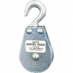 Block Division - 600 Lbs. Load Limit, Swivel Hook Block - Single Sheave, 2 Inch Outside Diameter, Wire Rope, 3/16 Inch Diameter, Eye, 3/8 Inch Inside Diameter, Carbon Steel, Zinc Plated Finish - Caliber Tooling