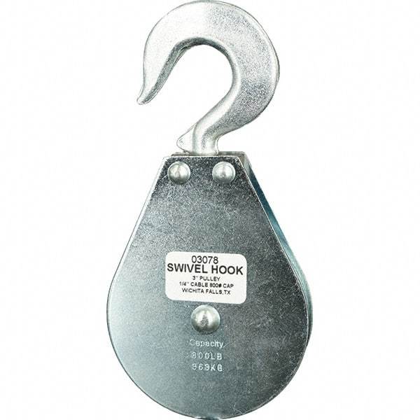 Block Division - 800 Lbs. Load Limit, Swivel Hook Block - Single Sheave, 3 Inch Outside Diameter, Wire Rope, 1/4 Inch Diameter, Eye, 3/8 Inch Inside Diameter, Carbon Steel, Zinc Plated Finish - Caliber Tooling