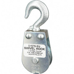 Block Division - 525 Lbs. Load Limit, Swivel Hook Block - Single Sheave, 1-5/8 Inch Outside Diameter, Wire Rope, 3/16 Inch Diameter, Eye, 3/8 Inch Inside Diameter, Carbon Steel, Zinc Plated Finish - Caliber Tooling