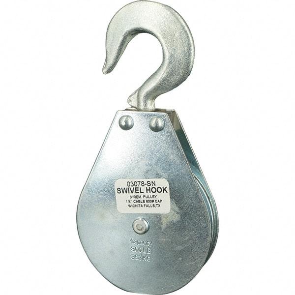 Block Division - 800 Lbs. Load Limit, Swivel Hook Block - Single Sheave, 3-1/8 Inch Outside Diameter, Wire Rope, 1/4 Inch Diameter, Eye, 3/8 Inch Inside Diameter, Carbon Steel, Zinc Plated Finish - Caliber Tooling