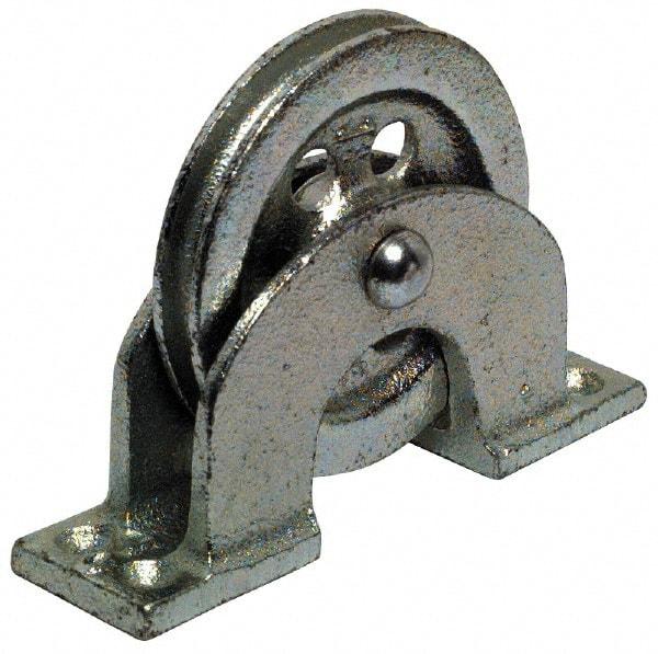 Value Collection - Single Open Upright Mount Guidance Pulley - Sheave, 4-1/2 Inch Outside Diameter, Wire Rope, 3/8 Inch Diameter, 0.235 Inch to 0.246 Inch Mounting Hole Diameter Iron, Galvanized Finish - Caliber Tooling