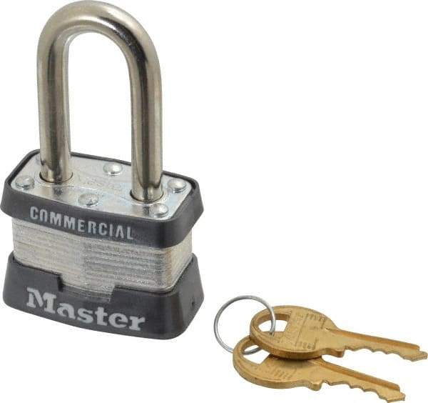 Master Lock - 1-1/2" Shackle Clearance, Keyed Different Padlock - 5/8" Shackle Width, 9/32" Shackle Diam, Laminated Steel - Caliber Tooling