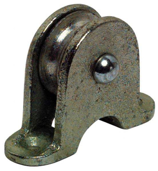 Value Collection - Single Shield Upright Mount Guidance Pulley - Sheave, 1-1/2 Inch Outside Diameter, Fibrous Rope, 3/8 Inch Diameter, 0.183 Inch to 0.194 Inch Mounting Hole Diameter Malleable Iron, Galvanized Finish - Caliber Tooling