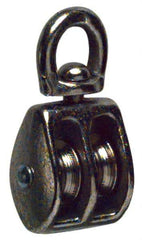 Value Collection - Swivel Eye Double Sheave Pulley - Sheave, 1 Inch Outside Diameter, Fibrous Rope, 1/4 Inch Diameter, Gray Iron, Nickel Plated Finish - Caliber Tooling