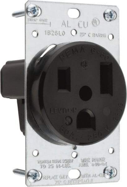 Leviton - 250 VAC, 50 Amp, 6-50P NEMA Configuration, Black, Industrial Grade, Self Grounding Single Receptacle - 1 Phase, 2 Poles, 3 Wire, Flush Mount, Tamper Resistant - Caliber Tooling