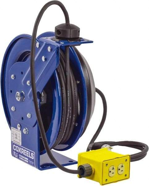 CoxReels - 12 AWG, 50' Cable Length, Cord & Cable Reel with Quad Outlet End - 4 Outlets, NEMA 5-20R, 20 Amps, 115 Volts, SJO Cable, Blue Reel, Spring Driven Reel - Caliber Tooling