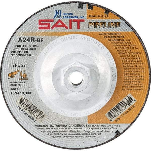 Sait - 24 Grit, 9" Wheel Diam, 1/8" Wheel Thickness, Type 27 Depressed Center Wheel - Aluminum Oxide, Resinoid Bond, R Hardness, 6,600 Max RPM, Compatible with Angle Grinder - Caliber Tooling