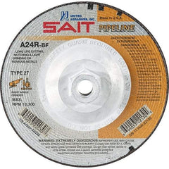 Sait - 24 Grit, 5" Wheel Diam, 1/8" Wheel Thickness, Type 27 Depressed Center Wheel - Aluminum Oxide, Resinoid Bond, R Hardness, 12,200 Max RPM, Compatible with Angle Grinder - Caliber Tooling