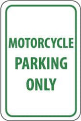 NMC - "Motorcycle Parking Only", 12" Wide x 18" High, Aluminum Reserved Parking Signs - 0.063" Thick, Green on White, Rectangle, Post Mount - Caliber Tooling