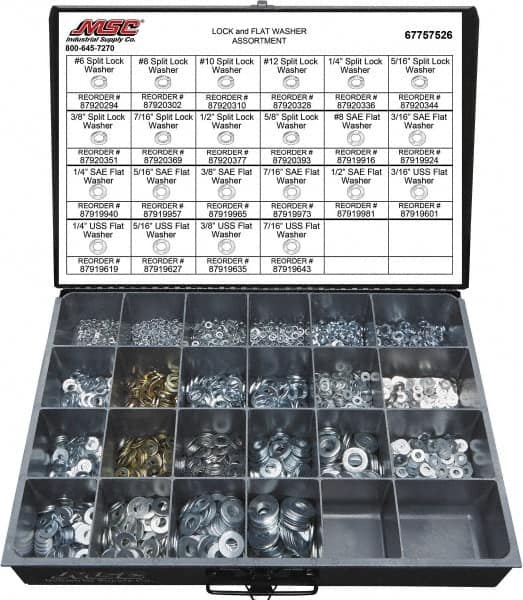 Value Collection - 3529 Piece, No. 6, 5/8" Screw, Grade 2 Steel Flat & Split Lock Washer Assortment - Includes 1/4 to 12" Screw & Compartmented Storage Case - Caliber Tooling